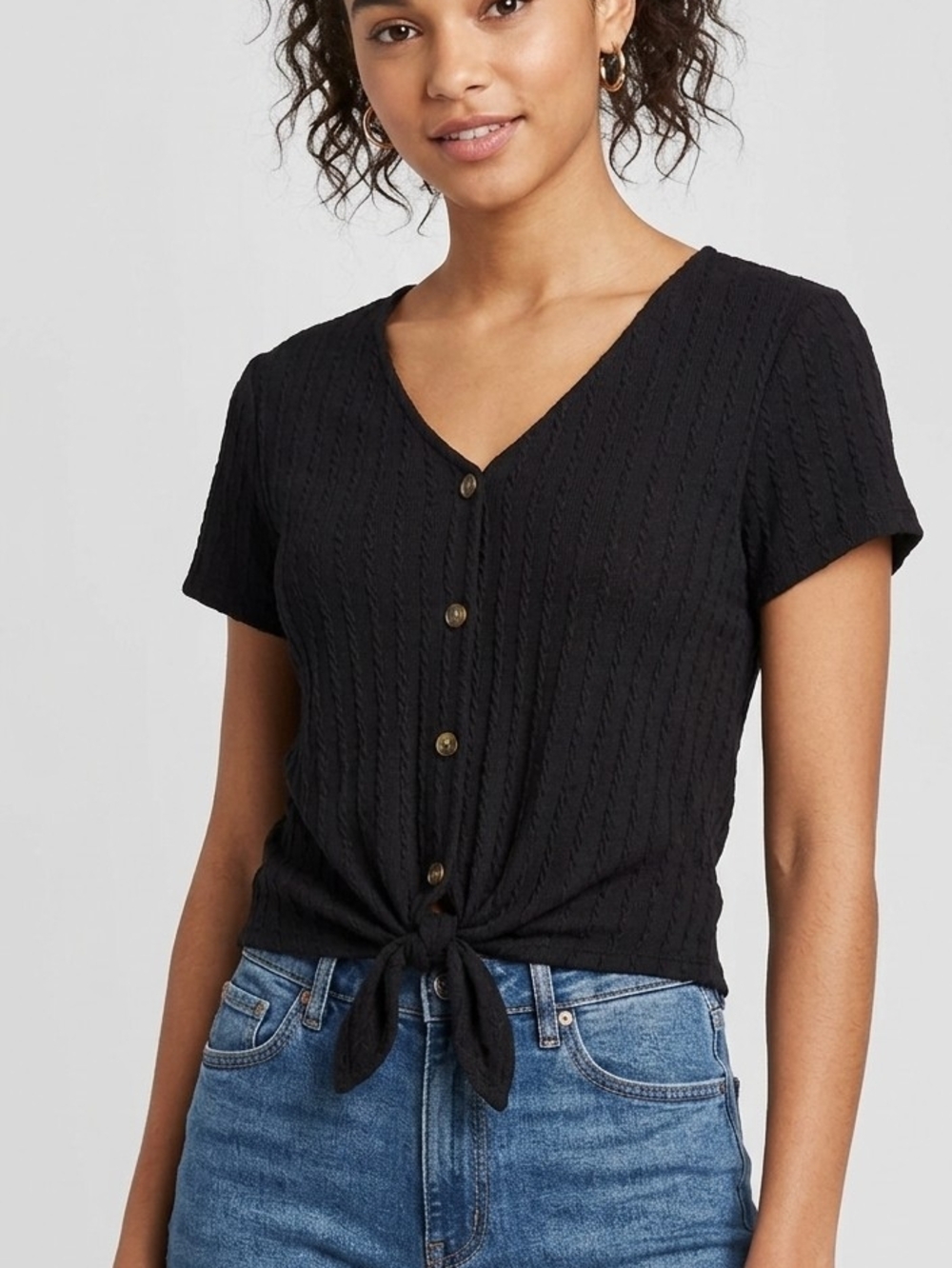Weatherproof Black V-Neck Tie-Front Short Sleeve Top